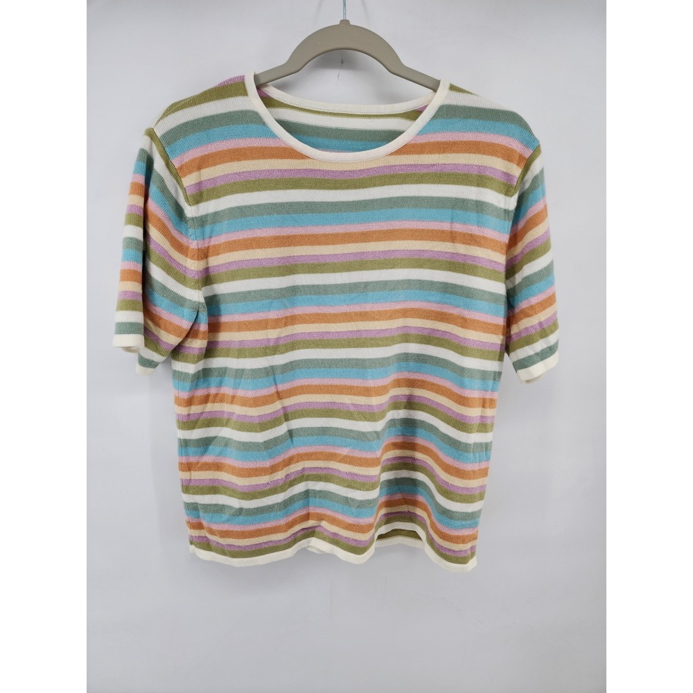 Vintage Pastel Multi Color Striped Short Sleeve Knit Sweater Top Size Medium